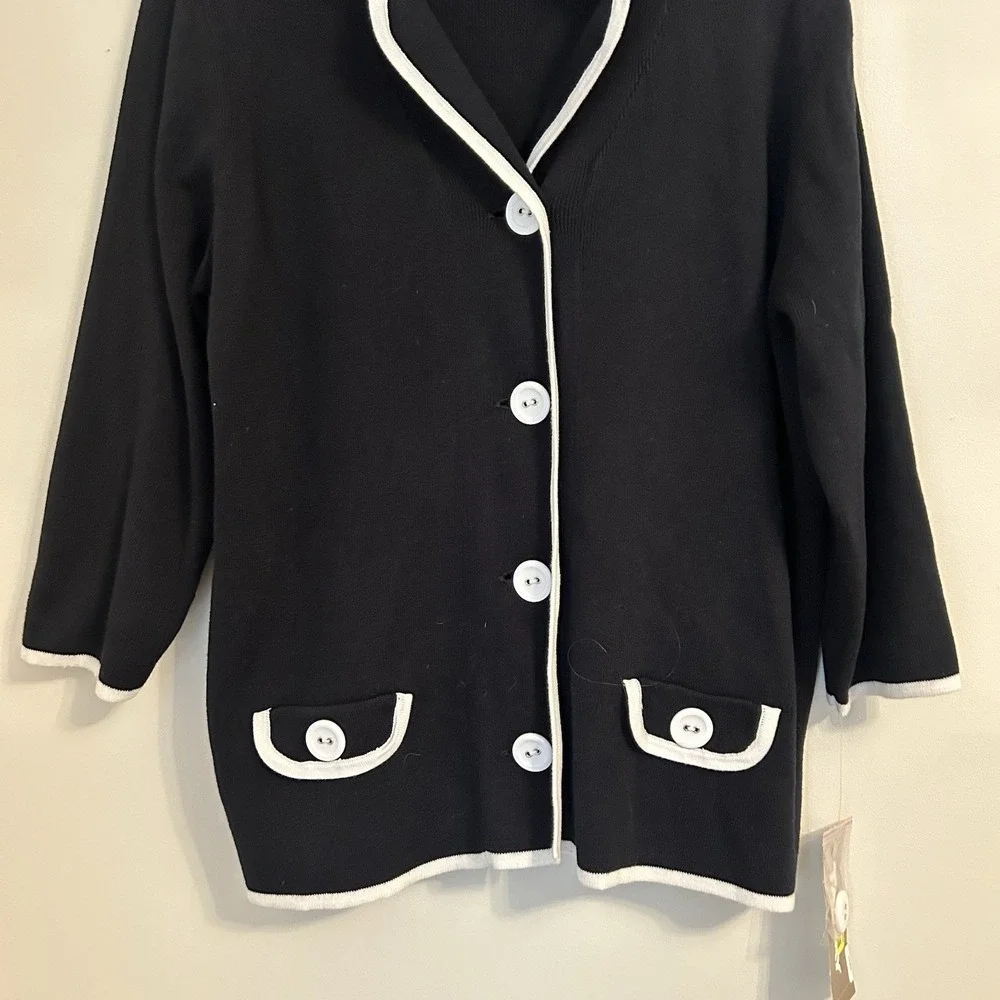 TanJay NWT Women's Black Knit Jacket Cardigan White Trim Button Front Size Large
